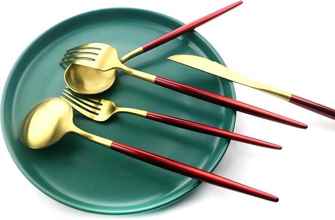 20 Pieces Matte Gold Red Handle 18/10 Stainless Steel Silverware, Flatware Titanium Black Cutlery, Utensils for Home Restaurant Service for 4, Dishwasher Safe (Red Gold)