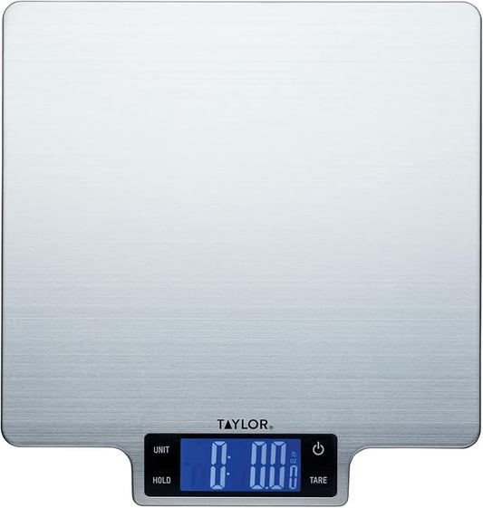 Taylor Pro Digital Large Kitchen Food Scales, Professional Standard Tare Feature with Accuracy and High Precision Sensor, Stainless Steel Silver, 10 kg Capacity