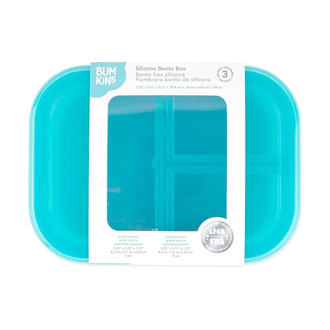 Bumkins Snack/Lunch Bento Box for Kids and Adults, 3 Compartment Container, Leak Proof Lid, for Portioning, Large Section Can Hold Sandwich, Food-Safe LFGB Platinum Silicone, Microwave-Safe, Blue