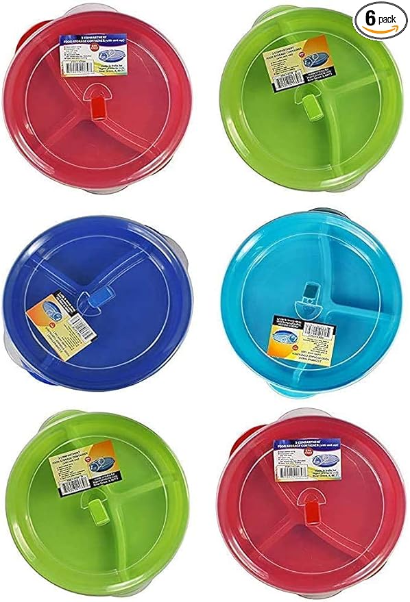 (Set of 6) Microwave Food Storage Tray Containers - 3 Section / Compartment Divided Plates w/ Vented Lid
