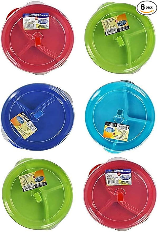 (Set of 6) Microwave Food Storage Tray Containers - 3 Section / Compartment Divided Plates w/ Vented Lid
