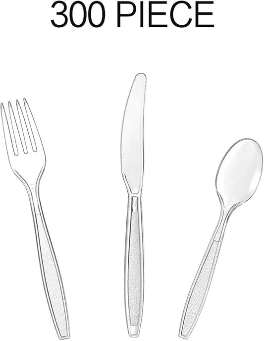 Cutlery Set Plastic Utensils Clear Forks Spoons Knives Disposable Silverware Heavyweight [300 Combo Box]