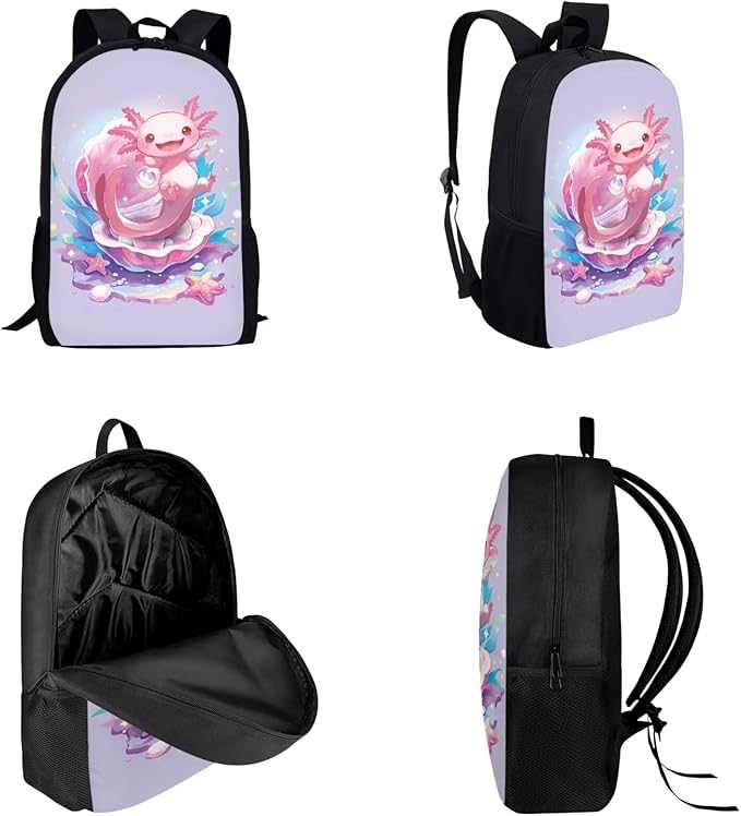 Dolyues Cute Axolotl Cute Girls' Backpack Set with Lunch Box and Pencil Case - Ideal for Teens, Kids, and College Students - Perfect for Elementary, Middle, and High School