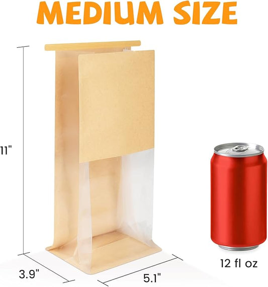 100 Pack Bakery Bags with Window, 5.1x3.9x11 Inches Tin Tie Tab Lock Resealable Bread Loaf Bags for Packaging Homemade Sourdough Bread, Cookies, Bagels, Pastry