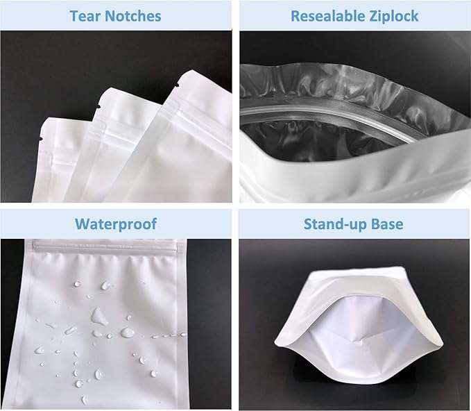 100 Pack Matte White Mylar Stand Up Bags - 3.35x5.1 Inches Smell Proof Resealable Zipper Pouch Bag, Sealable Foil Packaging Sample Pouches for Food Storage