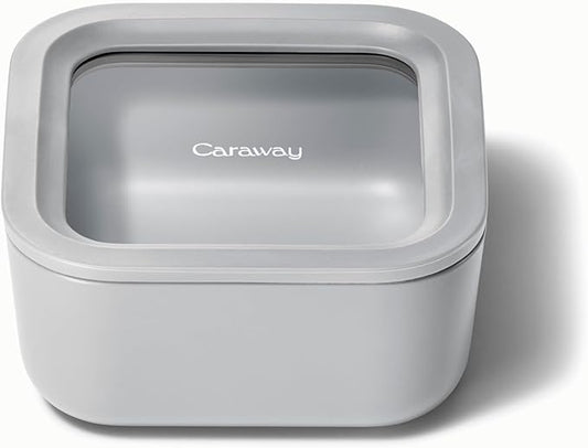 Caraway Glass Food Storage, 4.4 Cup Glass Container,Ceramic Coated Food Container,Easy to Store, Non Toxic, Non Stick Lunch Box Container with Glass Lids. Dishwasher, Oven,Square Shape,Gray