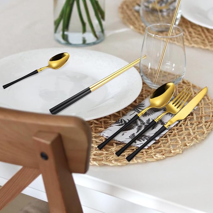 AARAINBOW 7 Pieces Stainless Steel Flatware Set Portable Reusable Cutlery Set Travel Utensils Set Including Chopsticks Knife Fork Spoon Straws Cleaning Brush Dishwasher Safe (B-Black Golden)