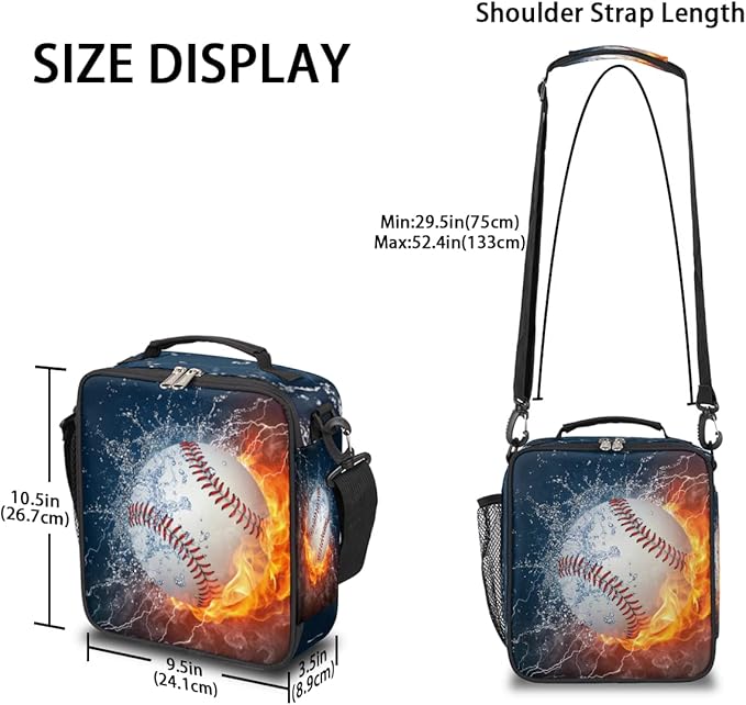 Fire Baseball Kids Lunch Box Baseball Sport Insulated Lunch Bag Tote for Girls Boys Cooler Freezable Meal Prep Bag with Shoulder Strap Waterproof Lunch Container for School Office Picnic