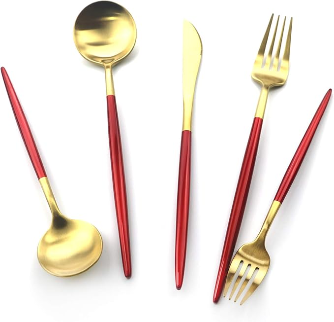 20 Pieces Matte Gold Red Handle 18/10 Stainless Steel Silverware, Flatware Titanium Black Cutlery, Utensils for Home Restaurant Service for 4, Dishwasher Safe (Red Gold)