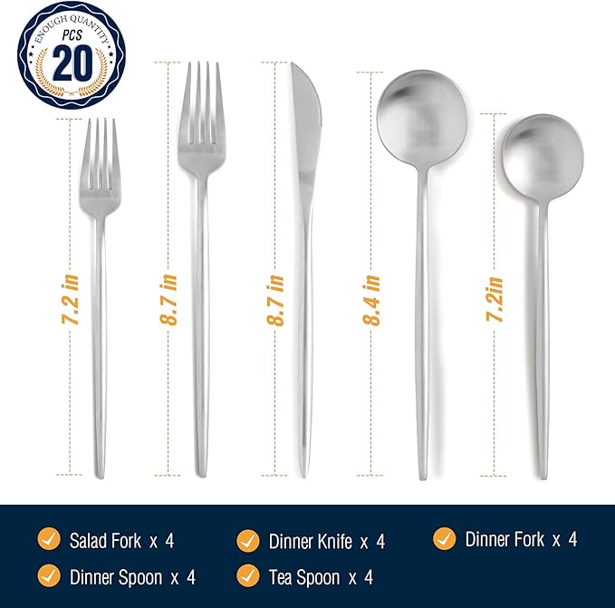 Silverware Set, 20 Piece Stainless Steel Flatware Set Service for 4, Cutlery Set, Include Knives/Forks/Spoons, Dishwasher Safe