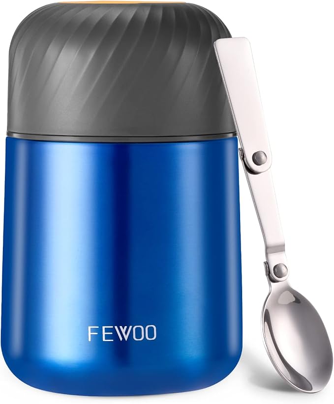 FEWOO Food Jar - 20oz Vacuum Insulated Soup Container, Stainless Steel Lunch Box for Kids Adult, with Folding Spoon for Hot or Cold Food (Bright Blue)