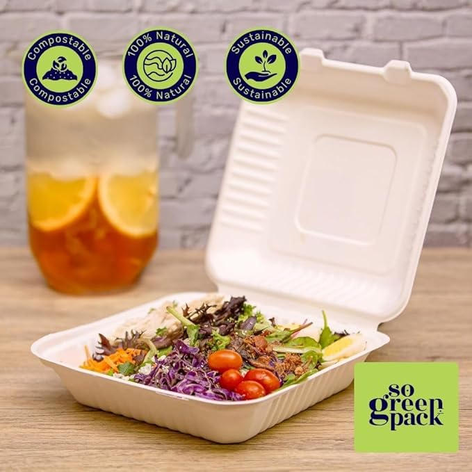 100 Packs Disposable 9x9 Clamshell Take-Out Container Compostable Biodegradable Bagasse & Eco-friendly To Go Container for Food
