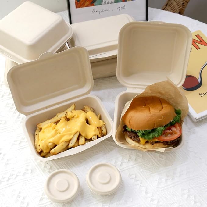 Clamshell Kraft To Go Containers - (50 Pack) 6" X 6" Food Take Out Bagasse Fiber Pulp Compostable Disposable Boxes With Lids For Burger Salad Sandwich Steak Parties