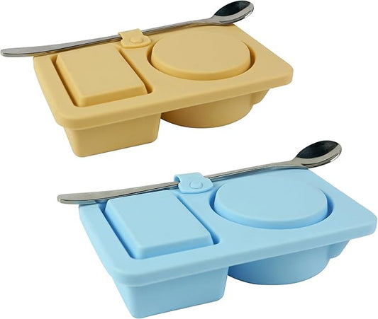 8Pcs Silicone Reusable Snack Containers, 2-Compartment Dipping Containers with Lid,For refrigerated, outdoor takeout, portion controlled snack sauce containers (4 Yellow+4 Blue,8Pcs)