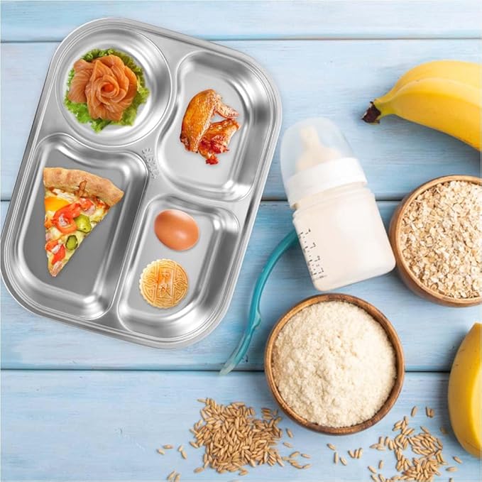 2 Pack Stainless Steel Rectangular Divided Plates Tray,4 Sections Dinner Plates for Adults,Picky Eaters,Campers,Diet Food Portion Control lunch tray