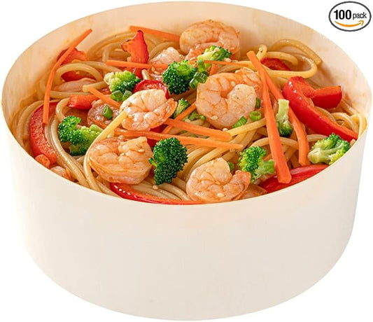 Restaurantware Taipei 34 Ounce Food Containers 100 Round Wooden Bento Boxes - Lids Sold Separately Grease Impermeable Poplar To Go Boxes Disposable Serve Noodles Dumplings And More