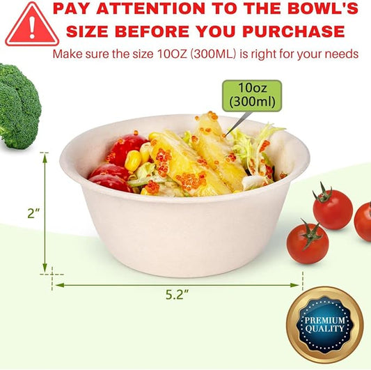 10 Oz Bamboo Disposable Bowls For Hot Soup, 100 Pack - Small, Heavy Duty, Microwavable, Oven Safe - Perfect for Hot Food, Meals, Acai & More - Eco-Friendly, Leak-Proof