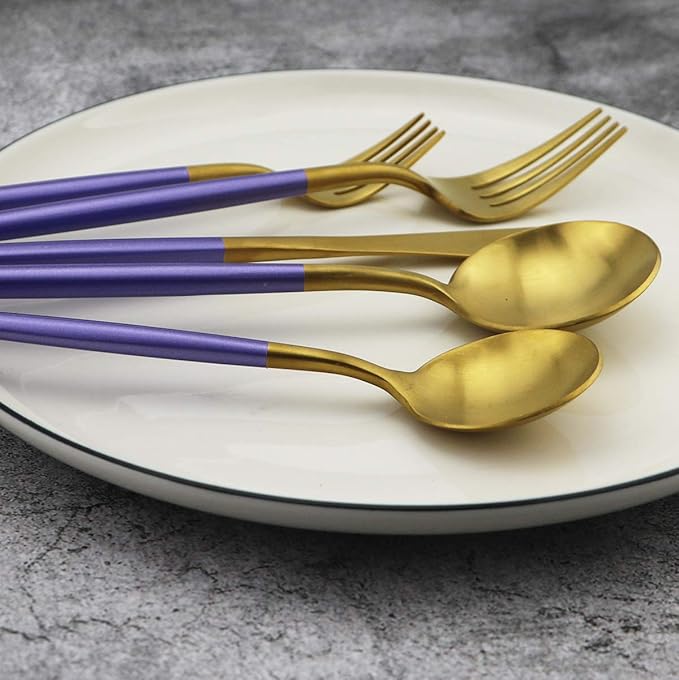 20-Piece 18/10 Stainless Steel Flatware Silverware, Luxury Dinnerware Set Travel Cutlery Tableware Include Knife Fork Spoon Service for 4, Dishwasher Safe (Purple Handle Matte Gold)