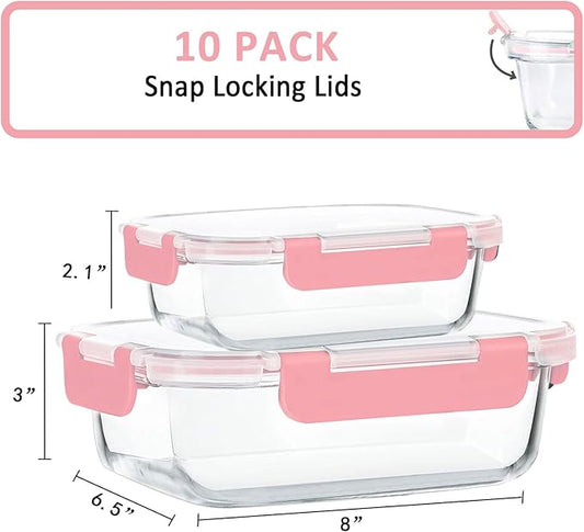 M MCIRCO [10-Pack Meal Prep Containers with Snap Locking Lids, Glass Airtight Lunch, Food Storage Containers, Microwave, Oven, Freezer and Dishwasher Friendly, Pink