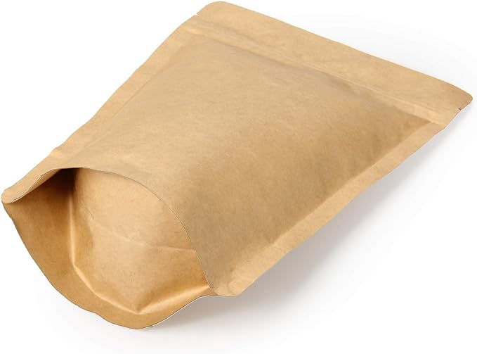 250g / 8oz / ½lb Kraft Paper Stand Up Coffee Bag Pouch. Round Bottom, Zip Lock, Degassing Valve and Heat Seal-able. Pack of 10