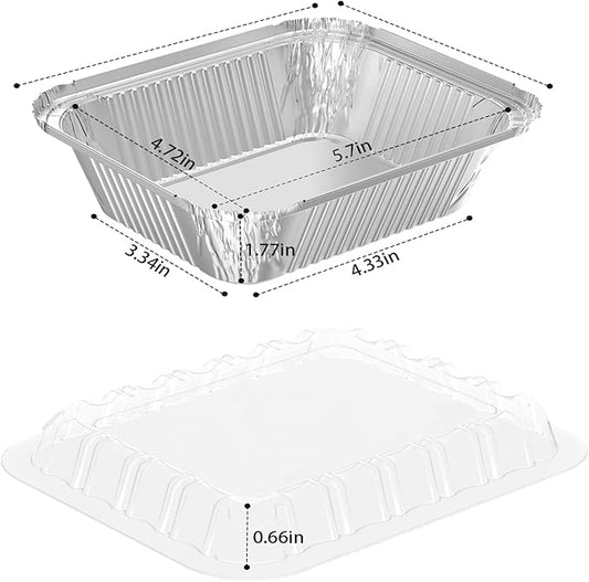 100 Pack 1 lb Rectangular Disposable Aluminum Foil Pan 16 oz Take Out Food Containers with Clear Plastic Dome Lids, for Catering, Baking, Roasting Food