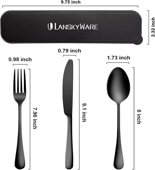 Portable Utensils Set with Case,Reusable Office Flatware Set,Healthy Travel Cutlery Set Stainless Steel 2 Fork, 2 Spoon,2 Knife Cutlery Ideal for Travel, Lunch Box and Camping (Black 3 PCs-2 Sets)