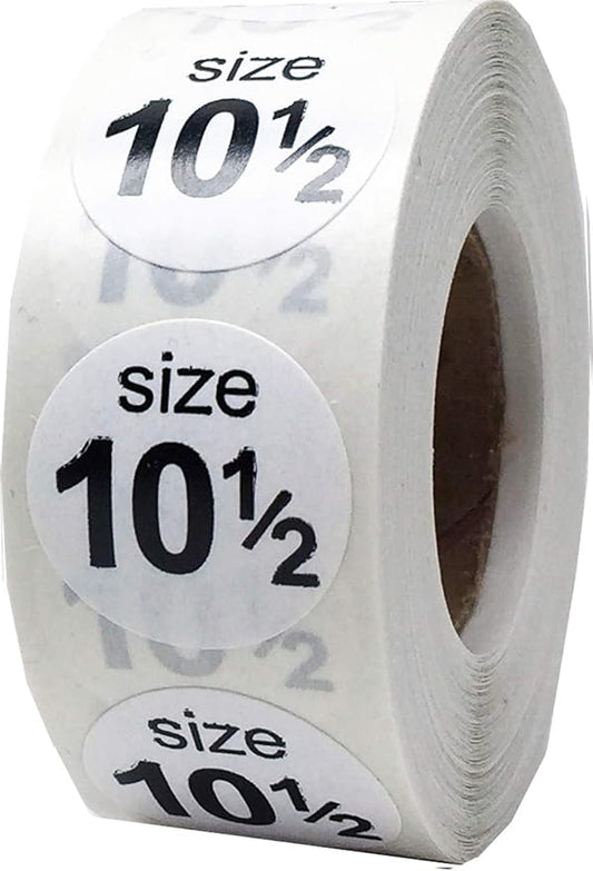 Shoe Size 10 1/2 White Stickers - 3/4 Inch Round, 500 Semi-Gloss Adhesive Labels Per Roll for Retail, Footwear Inventory, and Organization - Made in The USA