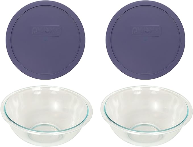 Pyrex (2 325 2.5qt Glass Mixing Bowl, & (2) 325-PC 2.5qt Blue Mixing Bowl Lid (2-Pack) Made in the USA