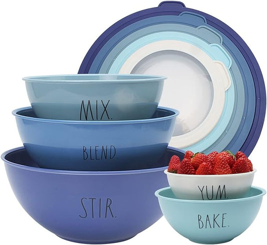 Rae Dunn Mixing Bowls with Lids - 10 Piece Plastic Nesting Bowls Set includes 5 Prep Bowls and 5 Lids (Blue Ombre)