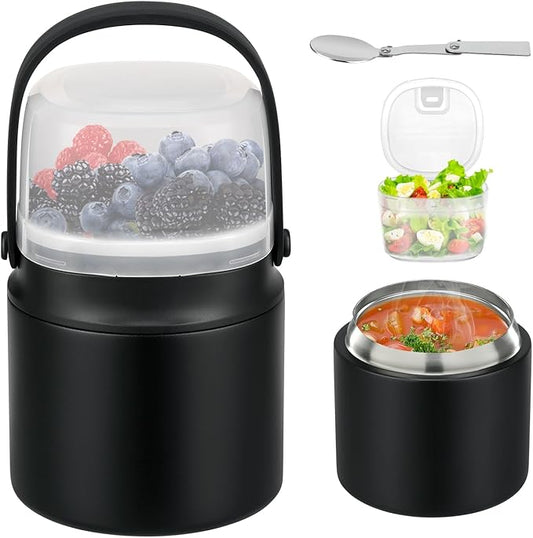 2-In-1 Soup Thermo for Hot Food Kids, 15 Oz Insulated Lunch Container and a Snack Box, Wide Mouth, Leak Proof, Stainless Steel Spoon, Dishwasher Safe Food Thermo Set for School, Work, Travel, Black