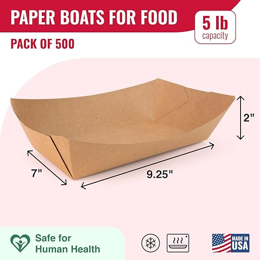 IDL Packaging 5 lb Kraft Paper Food Trays (Pack of 500) - Food-Safe Poly Coated for Extra Moisture Resistance - Proudly Made in USA - Serving Tray for Fries, Burgers, Appetizers, and Side Dishes