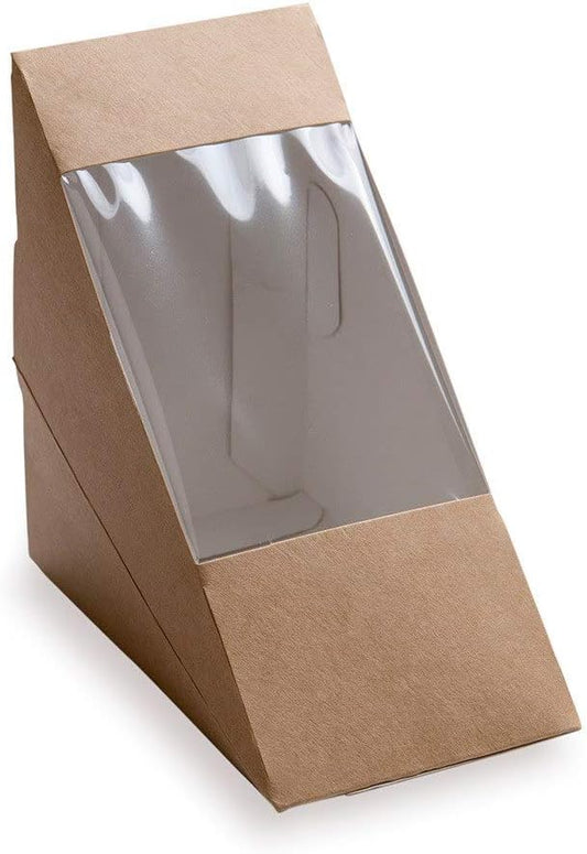 Restaurantware Cafe Vision 4.8 x 2.8 Inch Sandwich Paper Boxes, 200 Medium Sandwich Wedge Boxes - With Window, Disposable, Kraft Paper Triangle Sandwich Containers, Grease-Resistant Lining