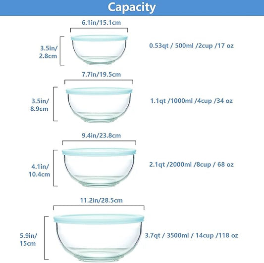 Luvan Borosilicate Clear Glass Mixing Bowls with Lids Set of 4 (0.53qt, 1.1qt, 2.1qt, 3.7qt), Space Saving Nesting Bowls Large Kitchen Salad Bowls for Meal Preping,Baking,Mixing,Dishwasher Safe