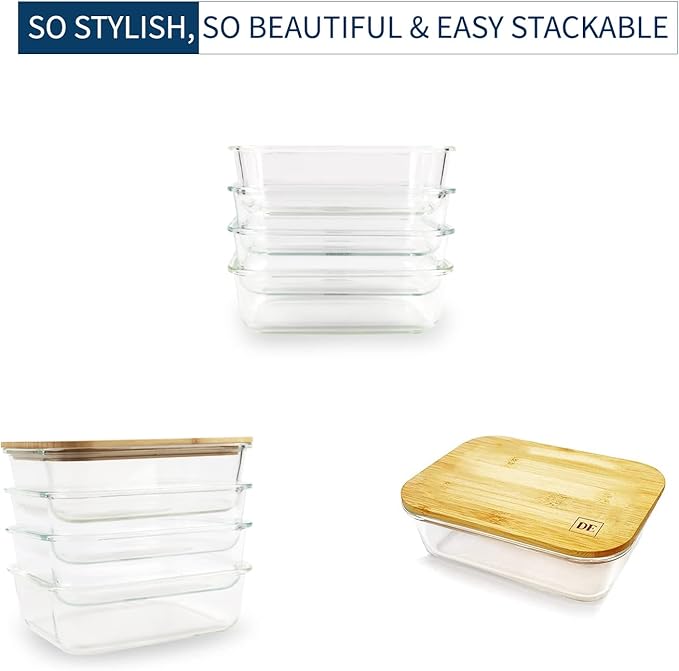 DE Glass Food Storage Containers with Bamboo Lids (4 Pack, 36 Ounce) Eco Friendly Meal Prep Glass Containers Reusable BPA Free Bento Lunch Box Airtight Plastic Free Glass Container with Lid