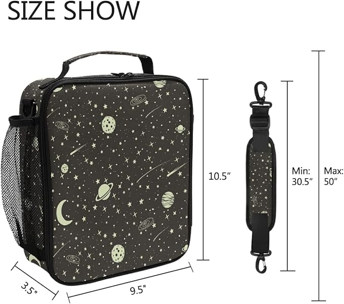 Pfrewn Galaxy Outer Space Lunch Box for School Kids Vintage Space Stars Planets Moon Meteorites Insulated Lunch Bag Reusable Cooler Meal Prep Bags Lunch Tote with Shoulder Strap for Office Adult