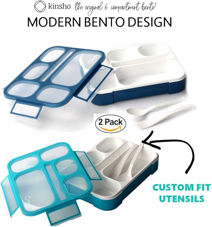 Bento-Box Lunch Boxes for Kids, Boys, Adults. Leakproof Lunch Set, Bentoboxes for School or Work. Portion Containers. BPA Free. 6 Compartments. Fork & Spoon. Blue & Navy Blue Large