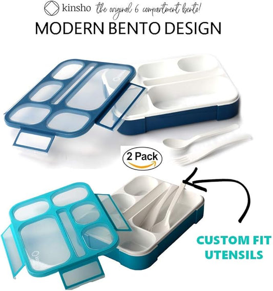 Bento-Box Lunch Boxes for Kids, Boys, Adults. Leakproof Lunch Set, Bentoboxes for School or Work. Portion Containers. BPA Free. 6 Compartments. Fork & Spoon. Blue & Navy Blue Large