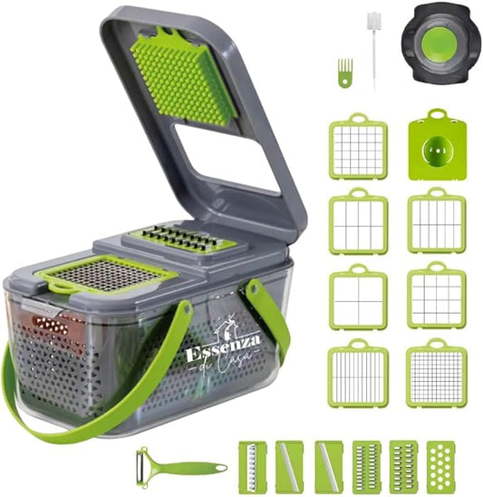 Vegetable Chopper 12-in-1 – Multifunctional Veggie Slicer Cutter Dicer with Container, Hand Guard & Draining Basket – Grey Food Chopper for Fast, Safe & Precise Vegetable Prep