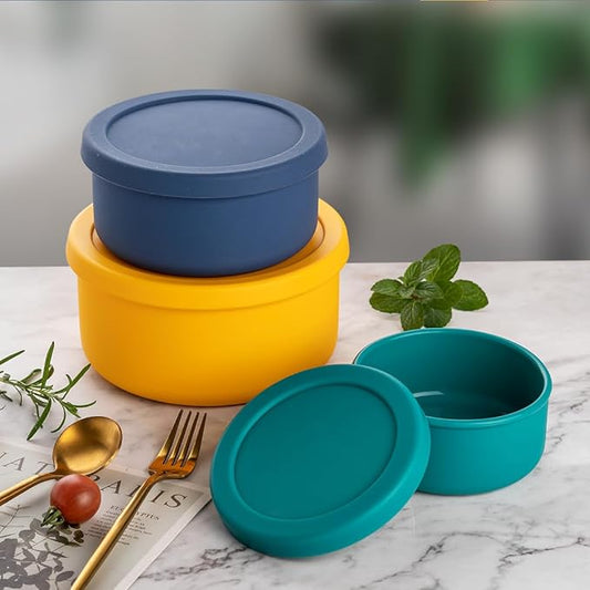 KSENDALO Silicone Bowls with Lid Silicone Mixing Bowl Set from 15.42oz/1300mL to 13.5oz/400mL, Silicone Food Storage Containers for Camping Home, Reusable,Collapsible,Dishwasher Safe, Muticolor