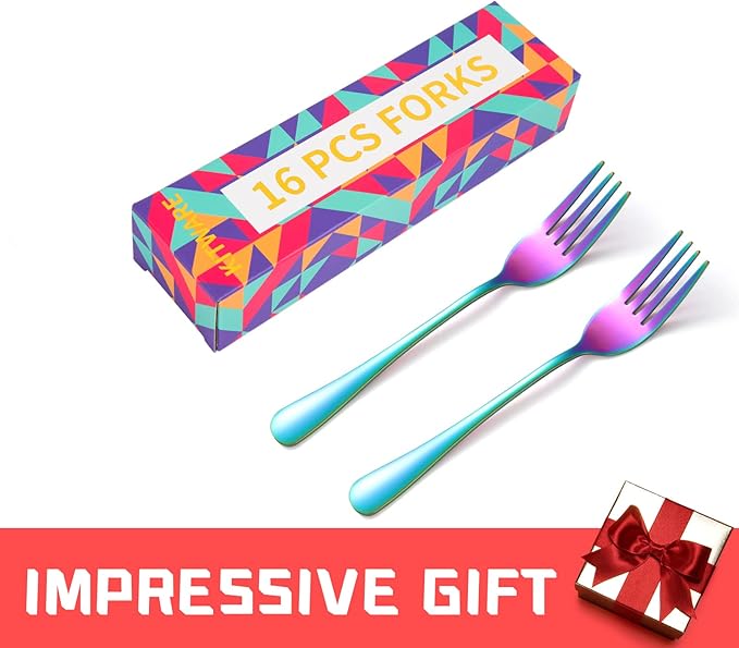 16 Pieces Rainbow Dinner Forks, 8 Inch Iridescent Silverware Meal Forks, Color Tableware Fork Set, Home Kitchen Metal Fork, Restaurant Quality Cutlery Forks