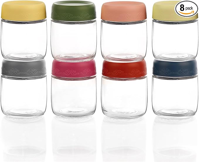 4 OZ Glass Food Jar Storage Containers with Airtight Lids, Reusable Wide Mouth Overnight Oats Glass Mason Jars for Snacks Yogurt Pudding(Multicolor 8pack)