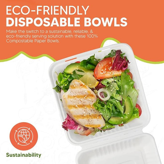 Compostable Clamshell Food Box with Lid (8x8 inch) 150-Pack | Disposable Plates | Made of Biodegradable Sugarcane Bagasse | Heavy-Duty Eco-Friendly Takeout Containers | Natural White