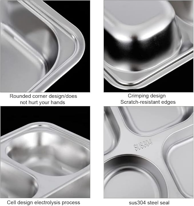 Large 13 inches Stainless Steel Rectangular Divided Plates,5 Sections Dinner Plates for Adults,Campers and Portion Control Lunch Container,2 Pack Unbreakable Rectangular Plates for Every Day Use