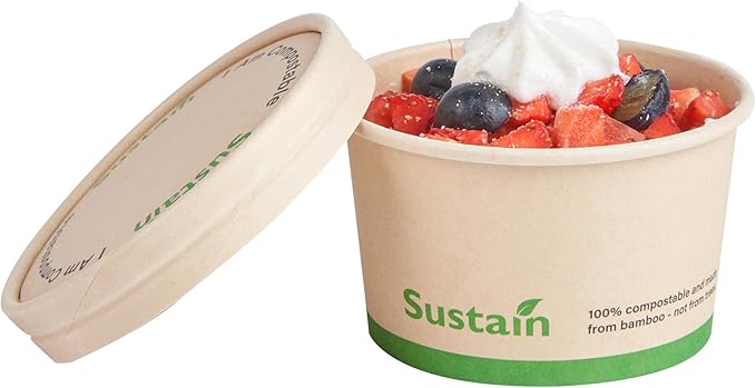 LIDS ONLY: Sustain Round Paper Soup Container Lids, 200 Disposable Ice Cream Cup Lids - Cups Sold Separately, For 5 Ounce Cups, Bamboo To Go Cup Lids, With PLA lining, Compostable - Restaurantware
