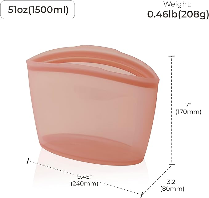 Platinum Silicone Food Grade Reusable Storage Bag, 6.3Cup Leak-Proof Airtight Seal, BPA-Free, Microwave, Freezer & Dishwasher Safe, Heat Resistant Sous Vide,Silicone Snack Bags, Dry Rose