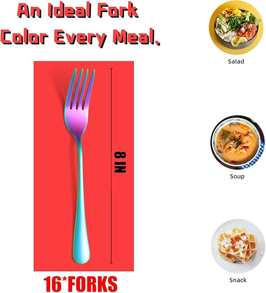 16 Pieces Rainbow Dinner Forks, 8 Inch Iridescent Silverware Meal Forks, Color Tableware Fork Set, Home Kitchen Metal Fork, Restaurant Quality Cutlery Forks