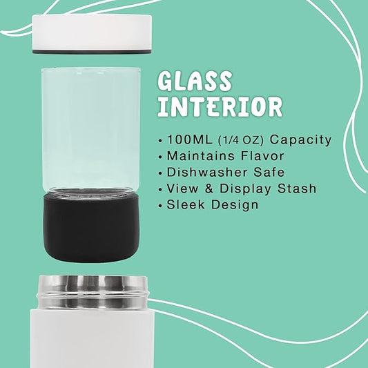 Mini Airtight Storage Container - Vacuum Sealed Insulated w Nested Glass Jar - UV Protection, Temperature Controlled Stainless - 100 ml (1/4 Oz)