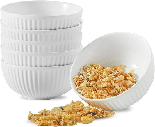 Hasense Ceramic Soup Bowls, 20 Ounces Cereal Bowls for Kitchen, 5.7 Inch White Serving Bowls Set for Salad Pasta Fruit Oatmeal, Rice Bowls with Striped, Microwave and Dishwasher Safe