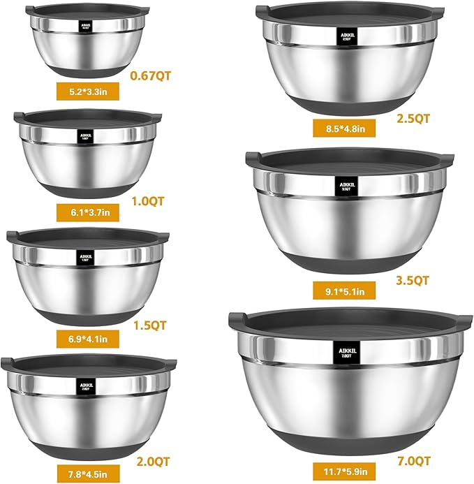 Mixing Bowls with Airtight Lids, 20 piece Stainless Steel Metal Nesting Bowls, Non-Slip Silicone Bottom, Size 7, 3.5, 2.5, 2.0,1.5, 1,0.67QT Great for Mixing, Baking, Serving (Grey)