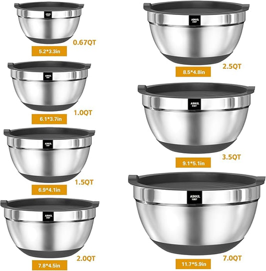 Mixing Bowls with Airtight Lids, 20 piece Stainless Steel Metal Nesting Bowls, Non-Slip Silicone Bottom, Size 7, 3.5, 2.5, 2.0,1.5, 1,0.67QT Great for Mixing, Baking, Serving (Grey)